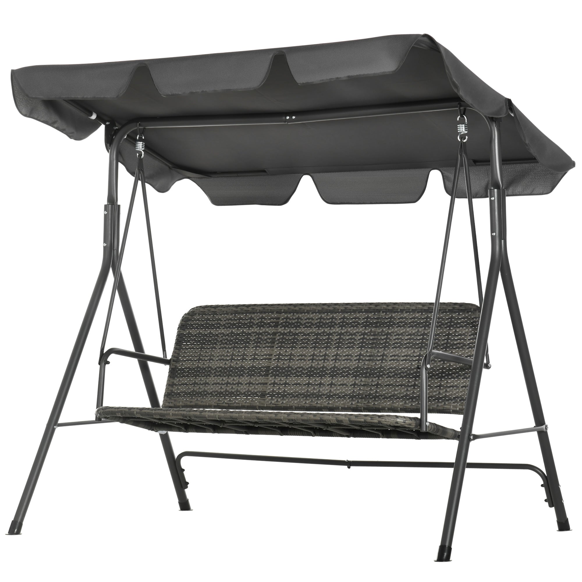 Outsunny 3 Seater Rattan Outdoor Patio Swing with Adjustable Canopy and Stand for Garden Porck Backyard, Grey