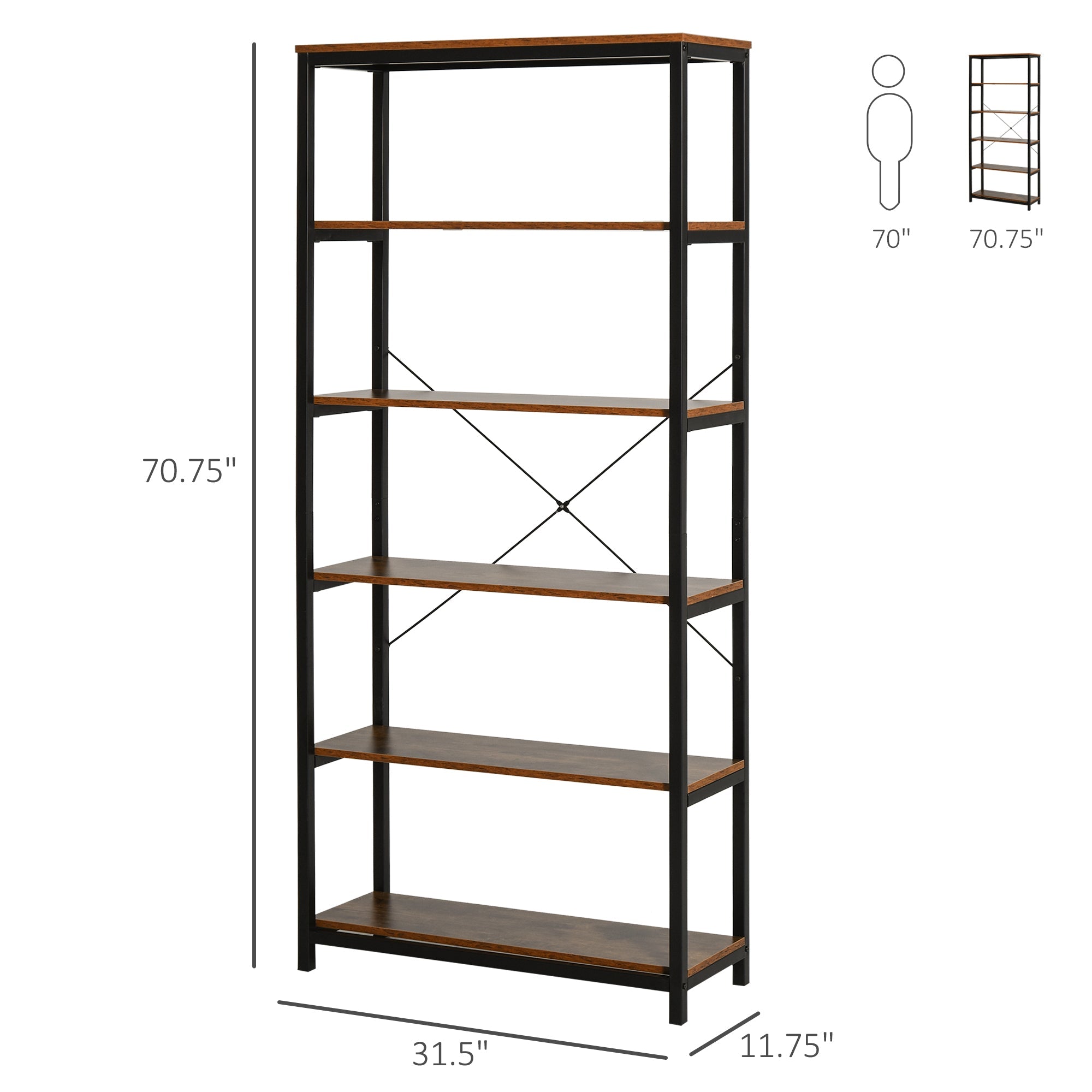 HOMCOM Bookcase 6-Tier Retro Industrial Metal Frame Display Shelf Living Room Study