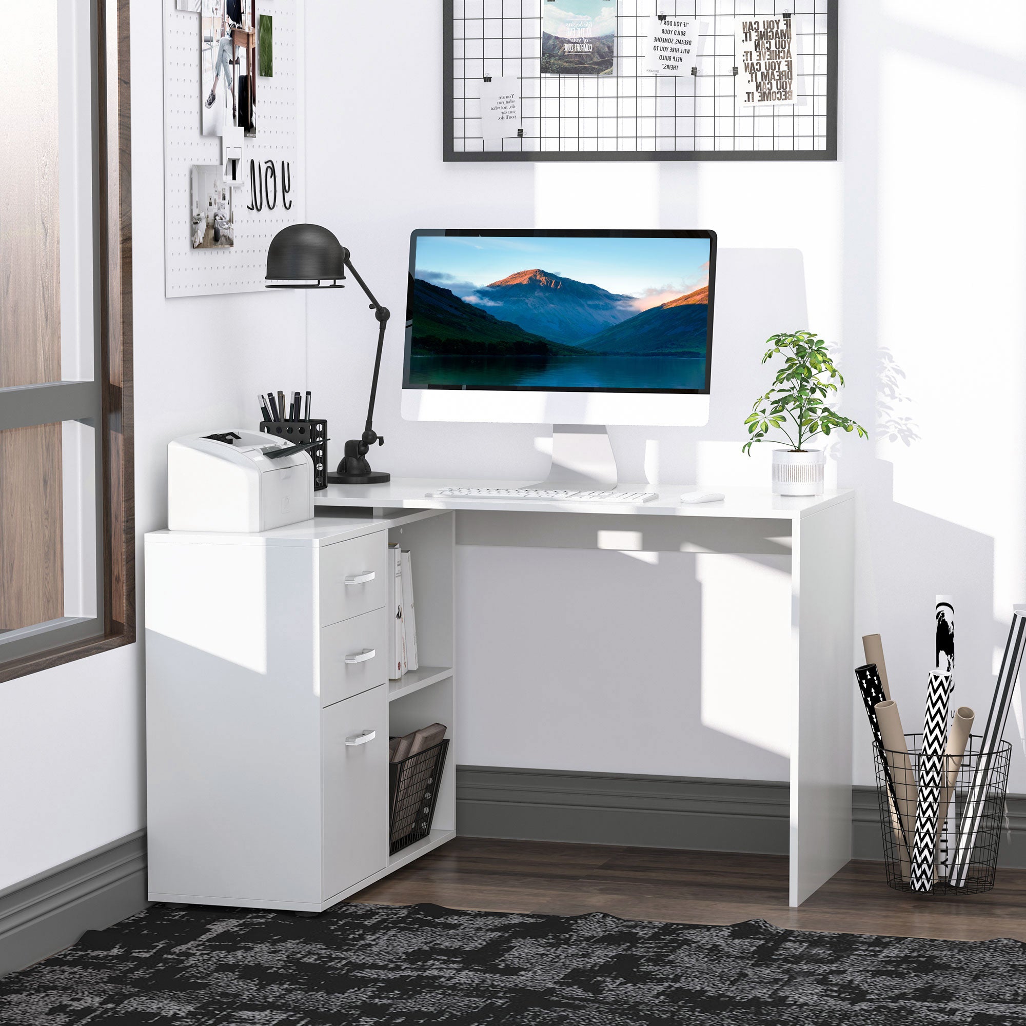 HOMCOM L-Shaped Desk Computer Corner with Storage Shelf Drawer White Home Office Workstation