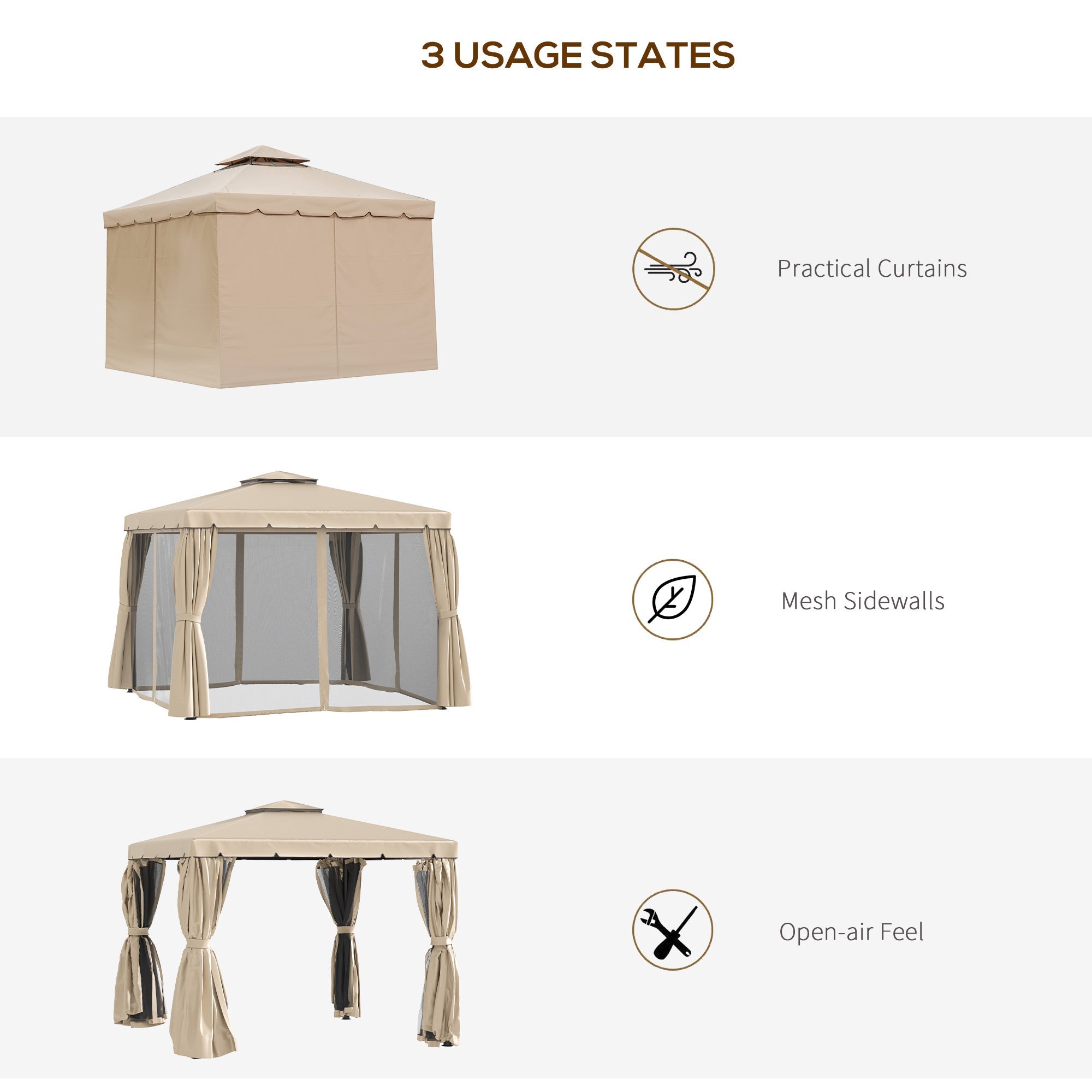 Outsunny 10'x10' Soft-top Patio Gazebo Canopy Garden Shelter Tent with Double Tier Roof, Polyester Curtains, Mesh Screen Drapes, Khaki