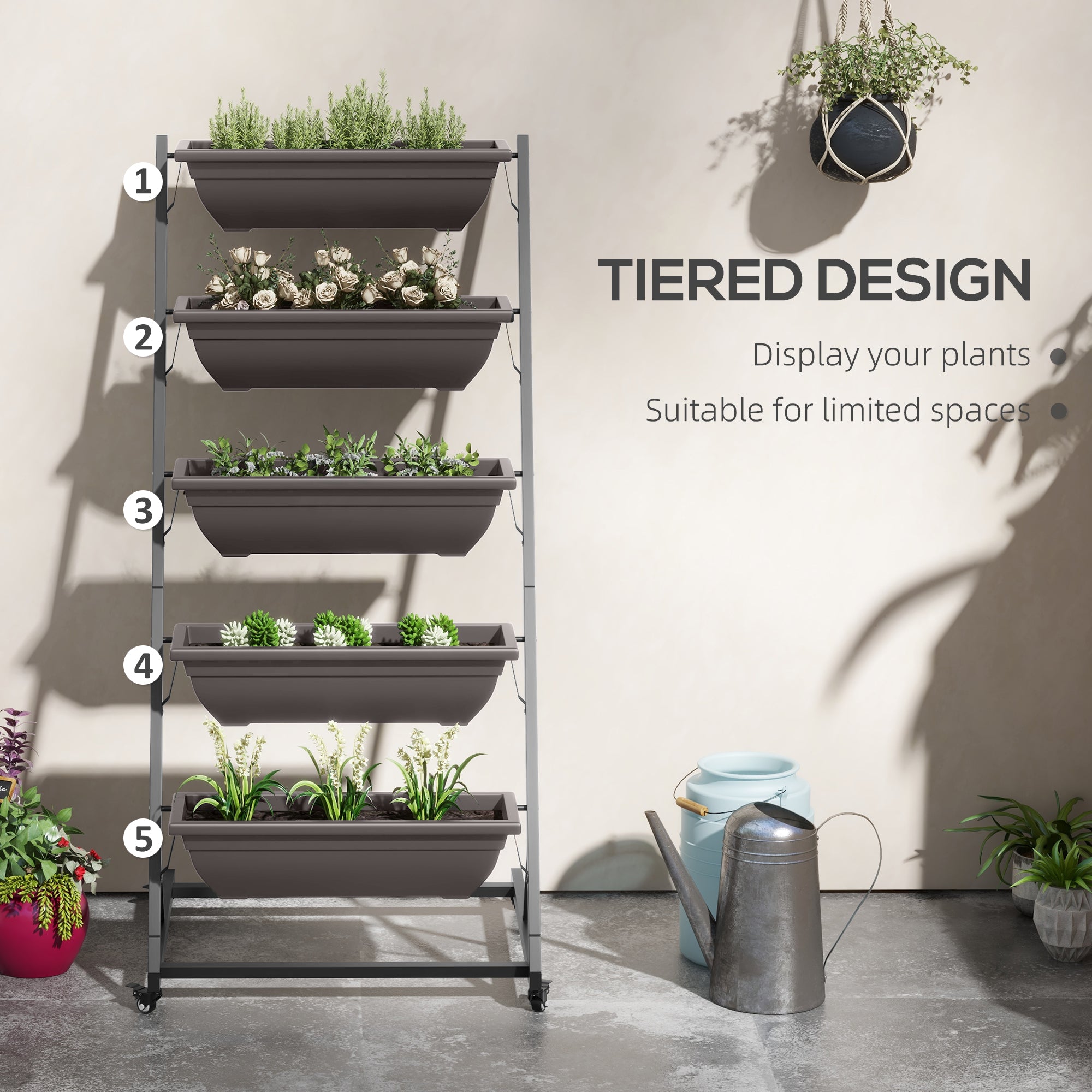 Outsunny Mobile 5-Tier Vertical Garden Planter with Wheels 5 Planting Boxes for Vegetables Flowers Brown Outdoor Stand