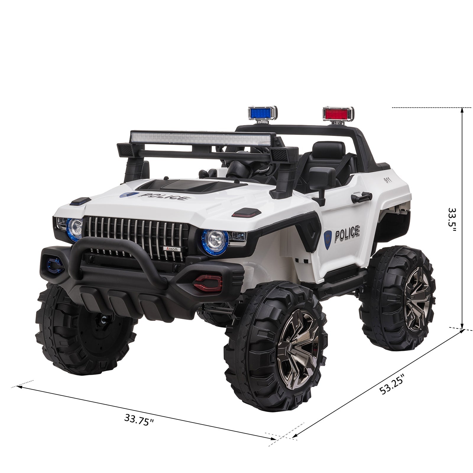 Aosom 12V Kids Police Truck Ride-On Car RC 2-Seater with LED Lights MP3 Parental Remote Control White