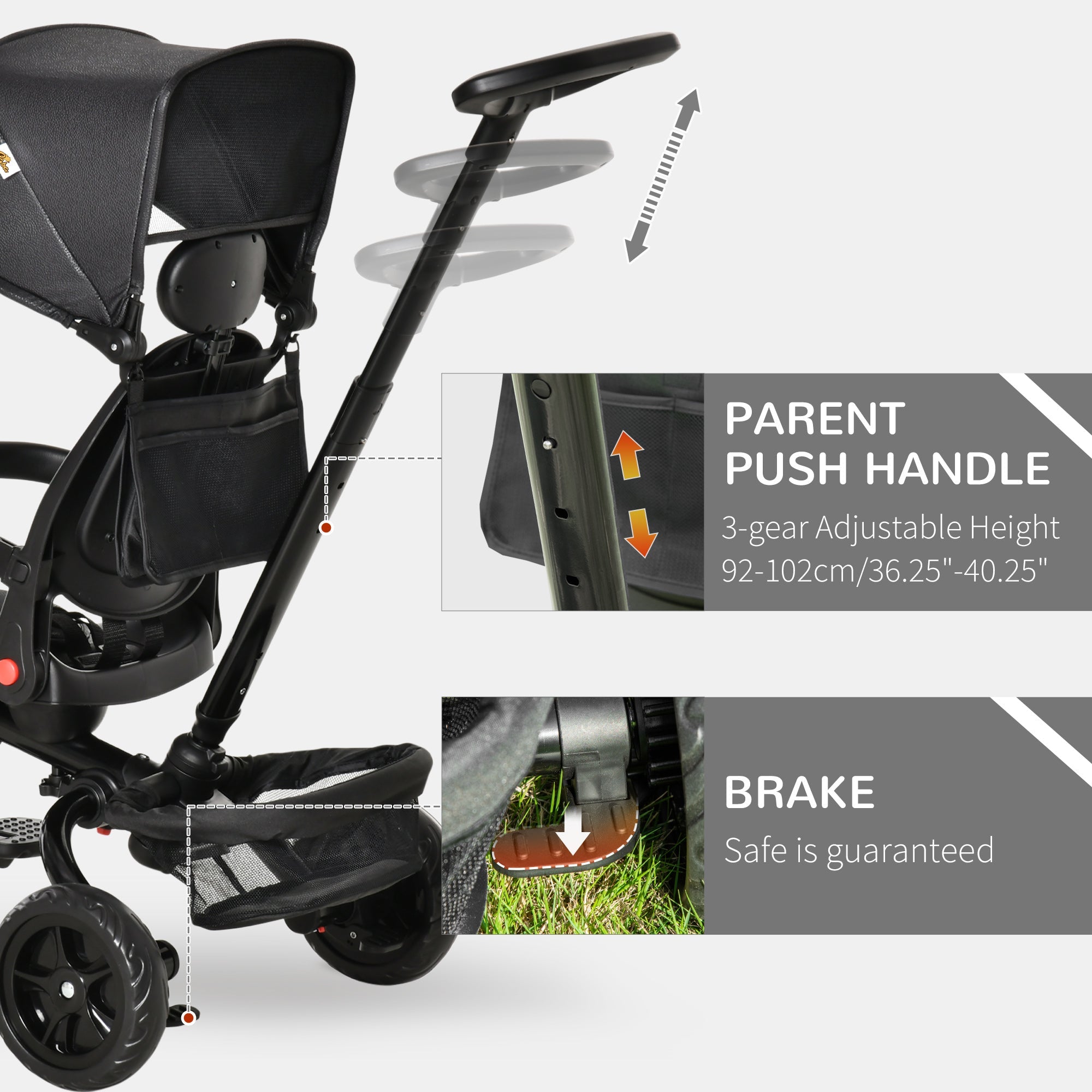 Aosom Qaba Versatile Trike: Baby Tricycle 4 In 1, Reversible Seat, Adjustable Removable Canopy, Handrail Belt, Black