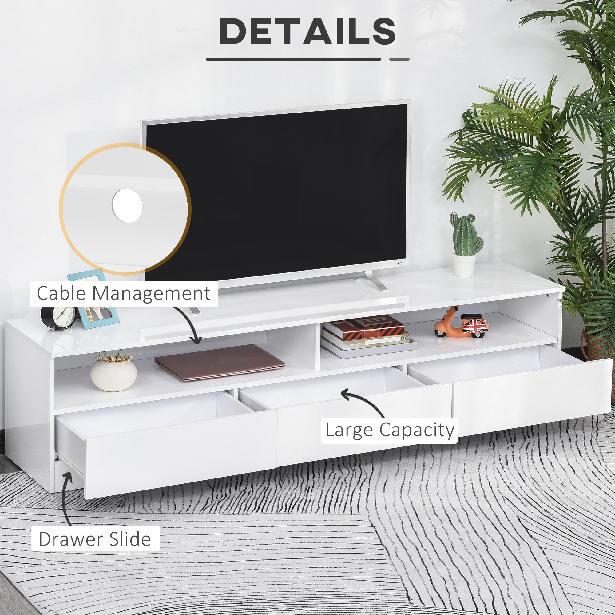 HOMCOM LED TV Cabinet: 71" High Gloss, Modern Storage Unit, Entertainment Center, White