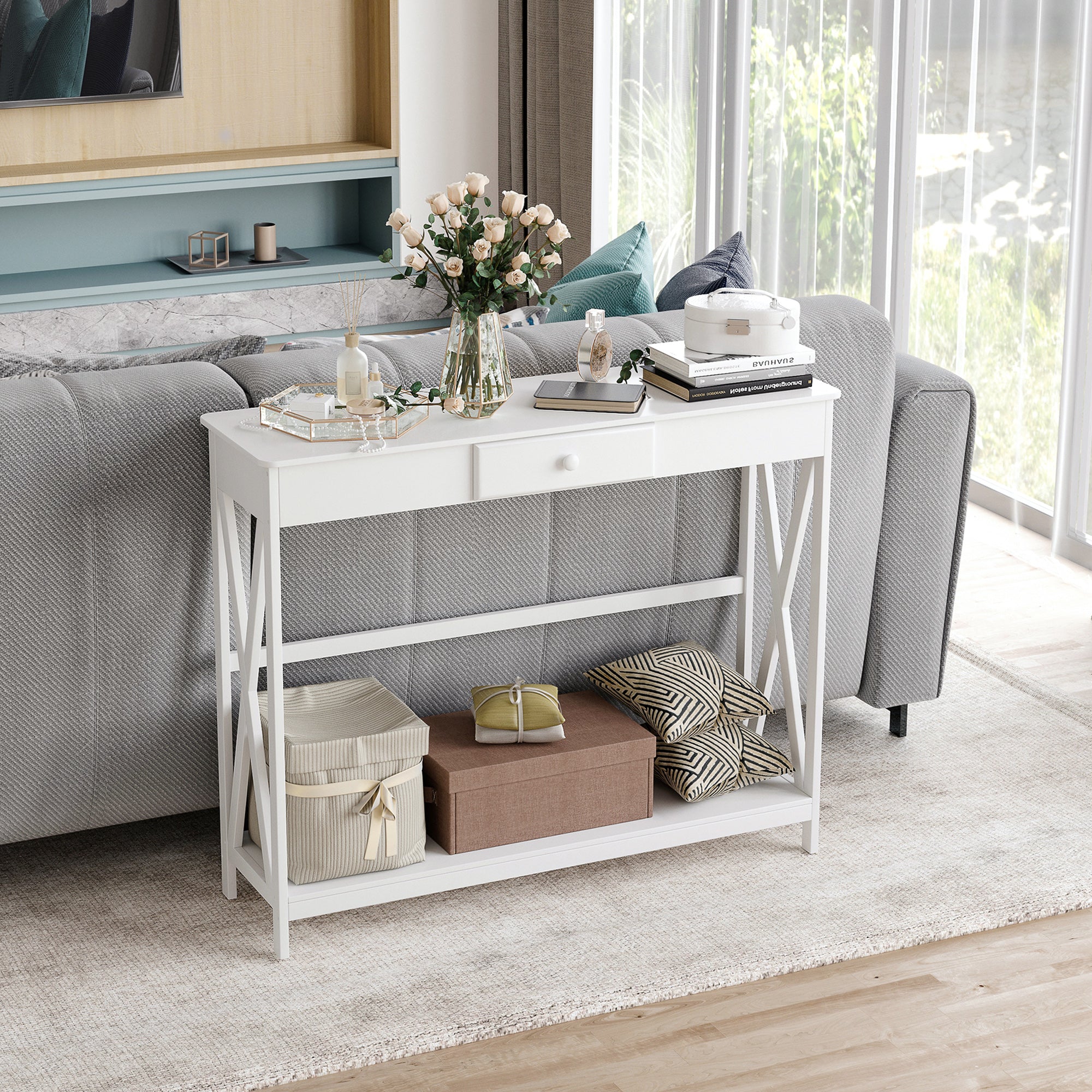 HOMCOM Narrow Console Table Entryway with Drawer Storage Shelf X-frame Slim Sofa Table for Living Room Hallway White