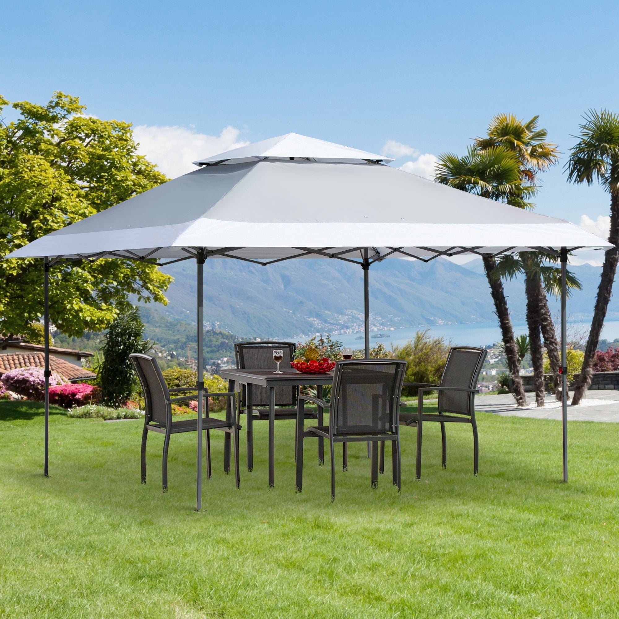 Outsunny 12' x 12' Pop Up Canopy Tent, with Double Roof and Adjustable Height for Garden Backyard, Light Grey and White