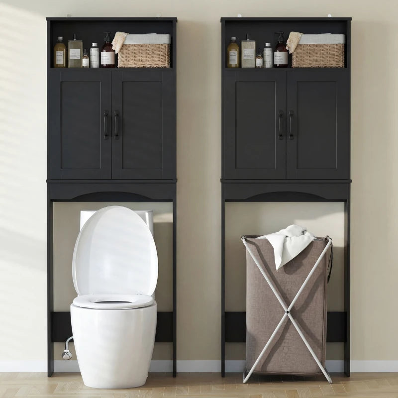 Over the Toilet Storage Cabinet Freestanding Bathroom Organizer with 2 Doors and Open Shelf Black