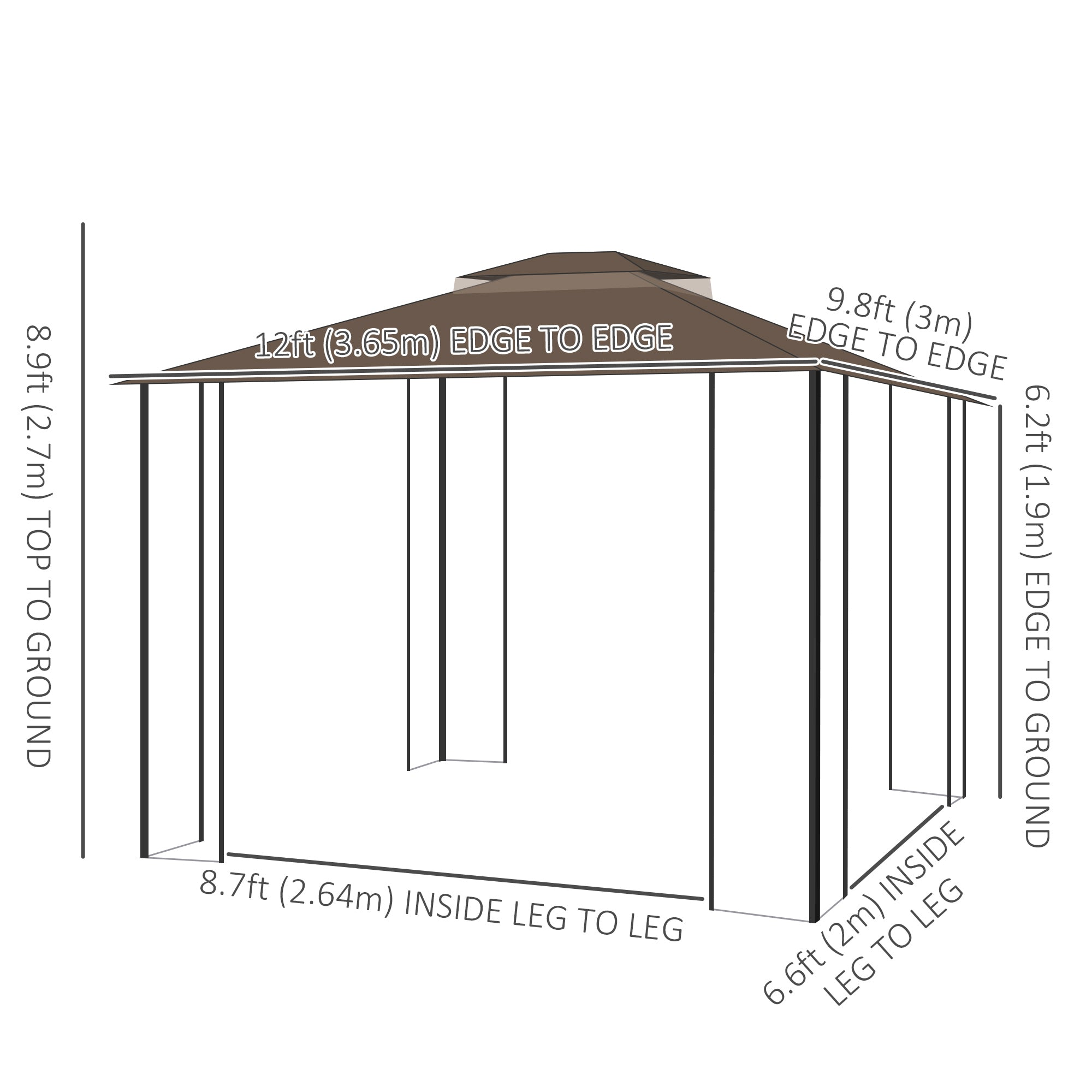 Outsunny 12' x 10' Soft-top Patio Gazebo Covered Gazebo Backyard Tent with Double Tier Roof and Netting Sidewalls, Brown