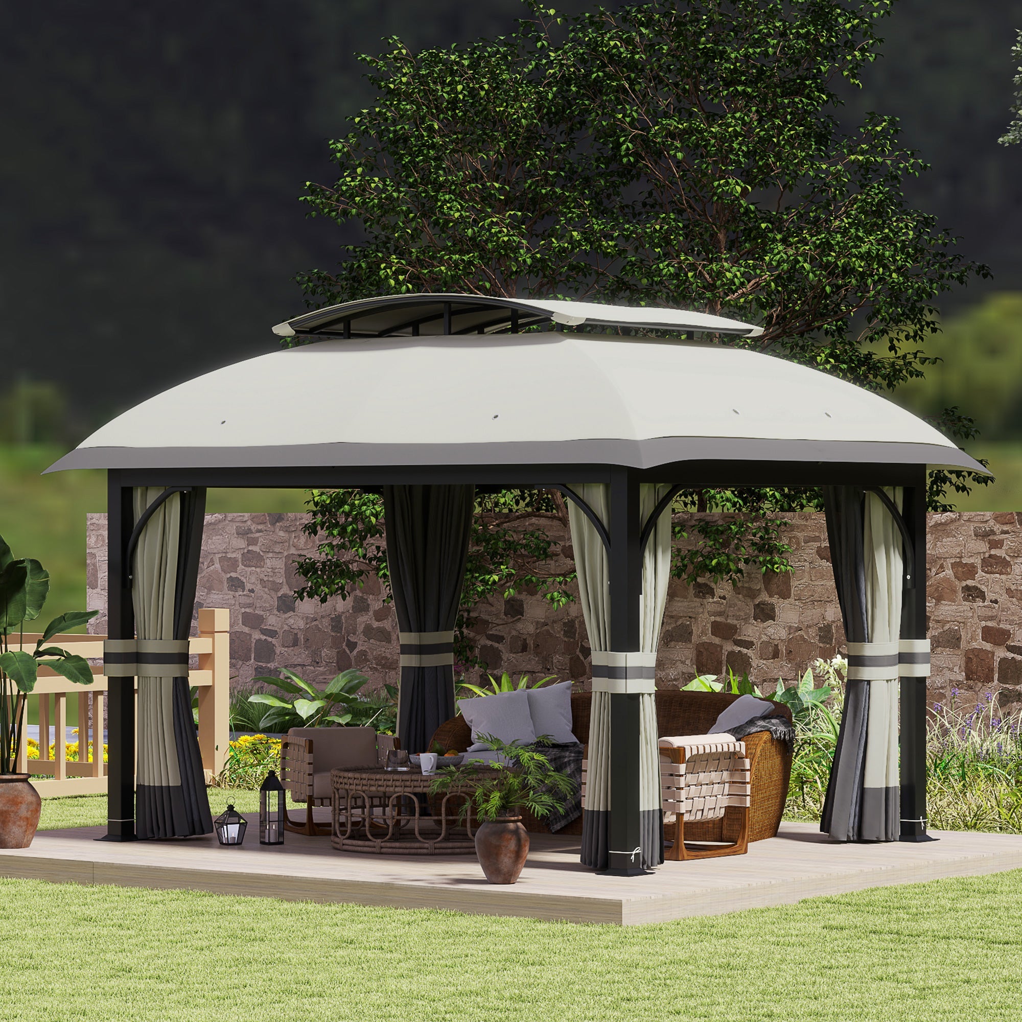 Outsunny 11' x 13' Patio Gazebo, Double Roof Outdoor Gazebo Canopy with Netting & Curtains, Galvanized Metal Frame, Light Grey