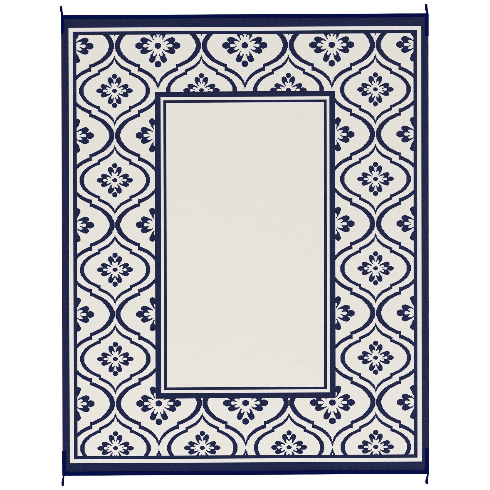 Outsunny 8' x 10' Outdoor RV Rug, Reversible Patio Floor Mat with Carry Bag, Gourd Border, Blue and White
