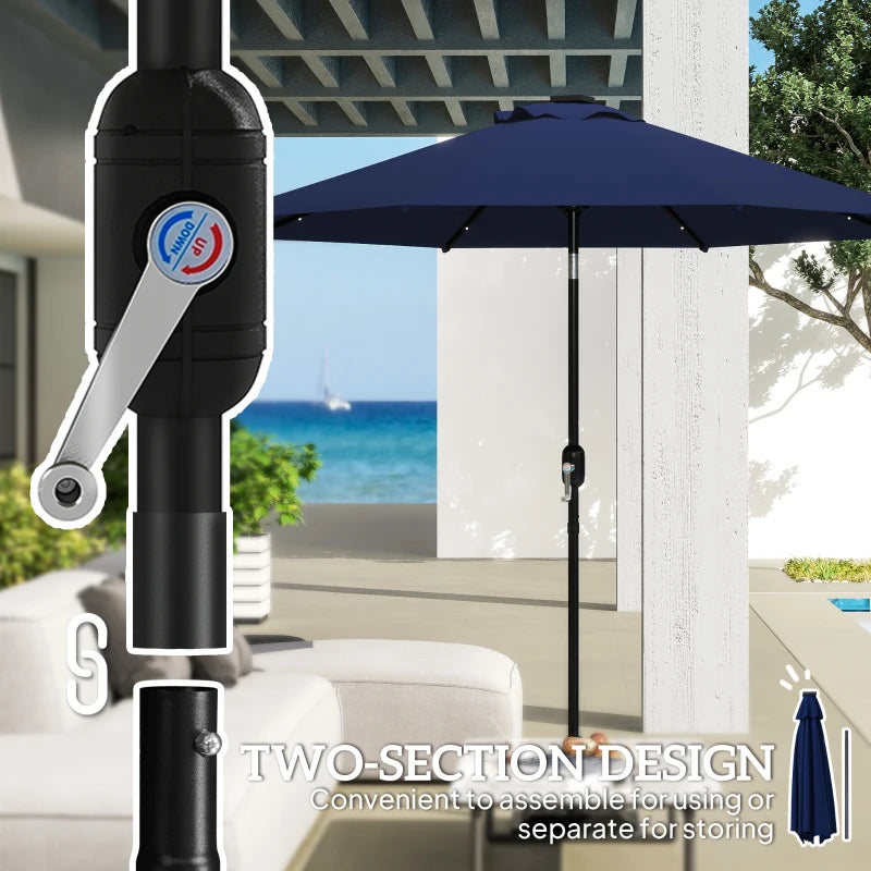 9ft Solar Patio Umbrella Outdoor Sunshade 24 LED Lights Tilt Canopy Navy Blue