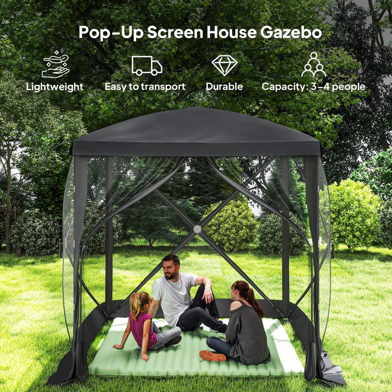 Pop-Up Tent, Foldable Screen Tent with Carry Bag, Zippered Door and Ground Stakes, Fits 3-4 People, Black