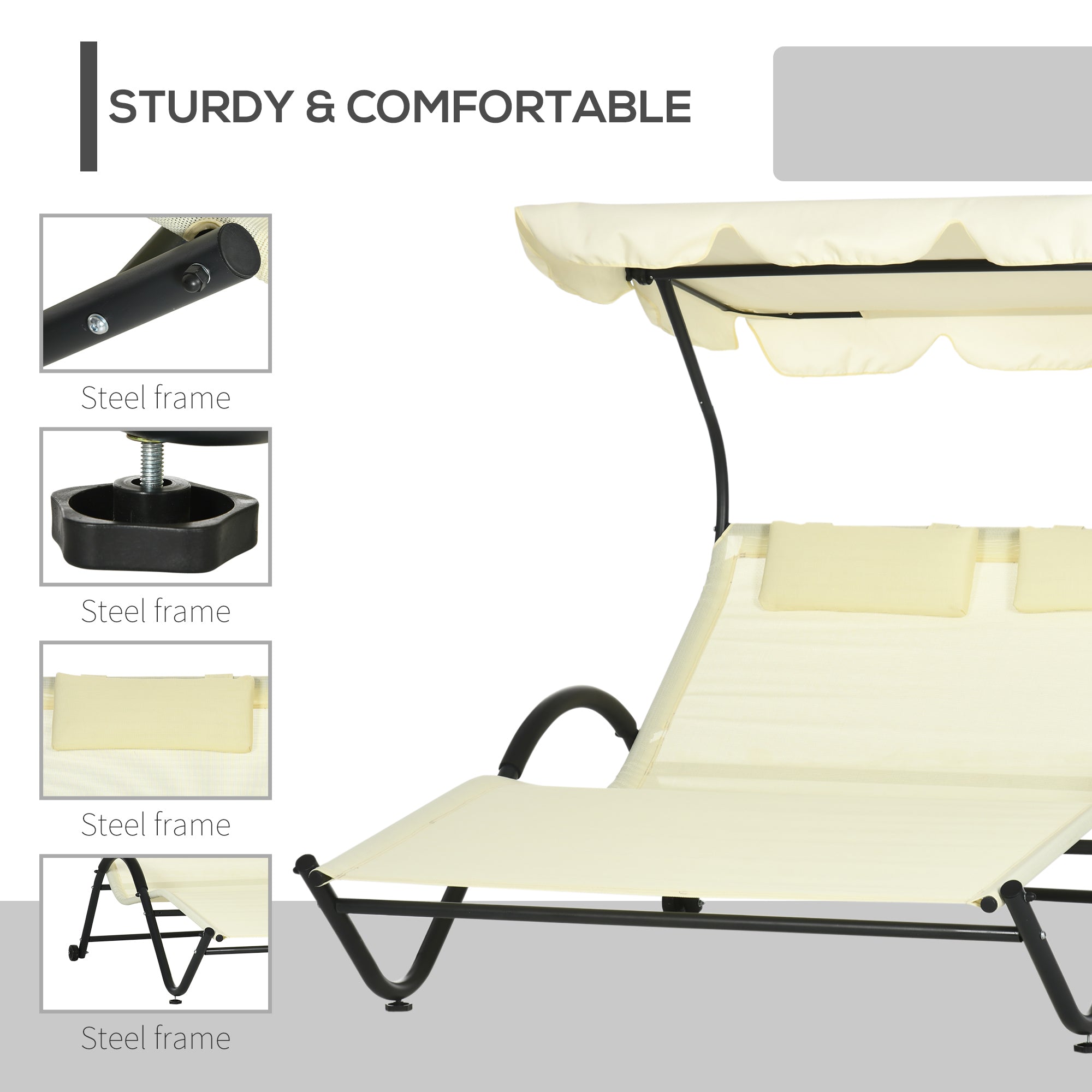 Outsunny Patio Chaise Lounge Chair Outdoor w Sunshade Roof Wheels Breathable Mesh Bed Pillows