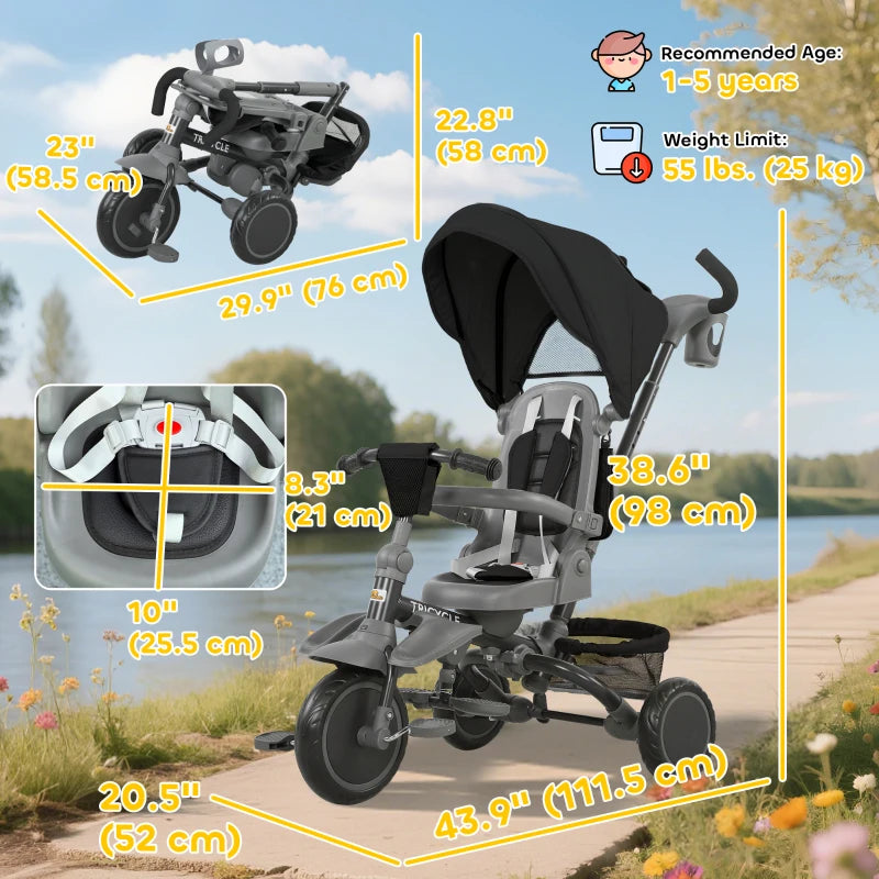 Qaba 6 in 1 Toddler Tricycle for 1-5 Years Old with Push Handle, Removable Canopy, Rotatable Seat, Black