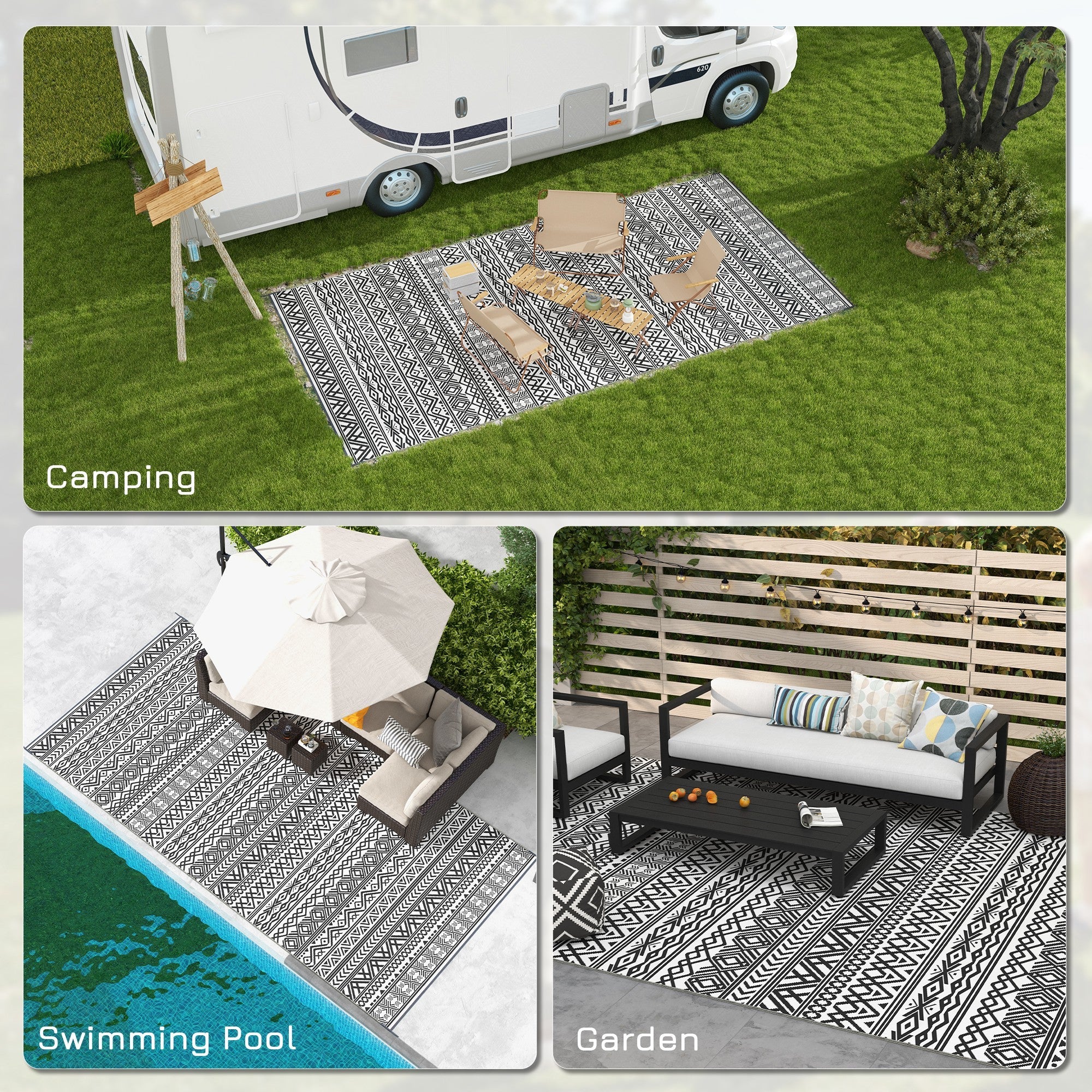 Aosom Reversible Outdoor Rug 9'x18' - Waterproof Plastic Straw Mat, Grey and Cream White Boho Design with Carry Bag for RV & Patio