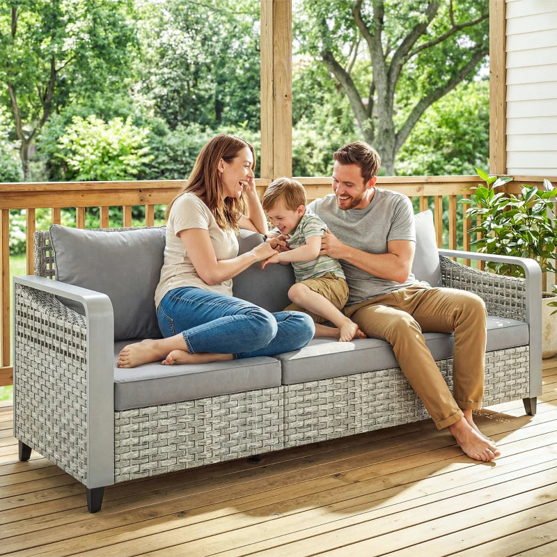 Rattan Wicker Sofa 3-Seater Outdoor Couch with Cushions for Patio Garden Grey