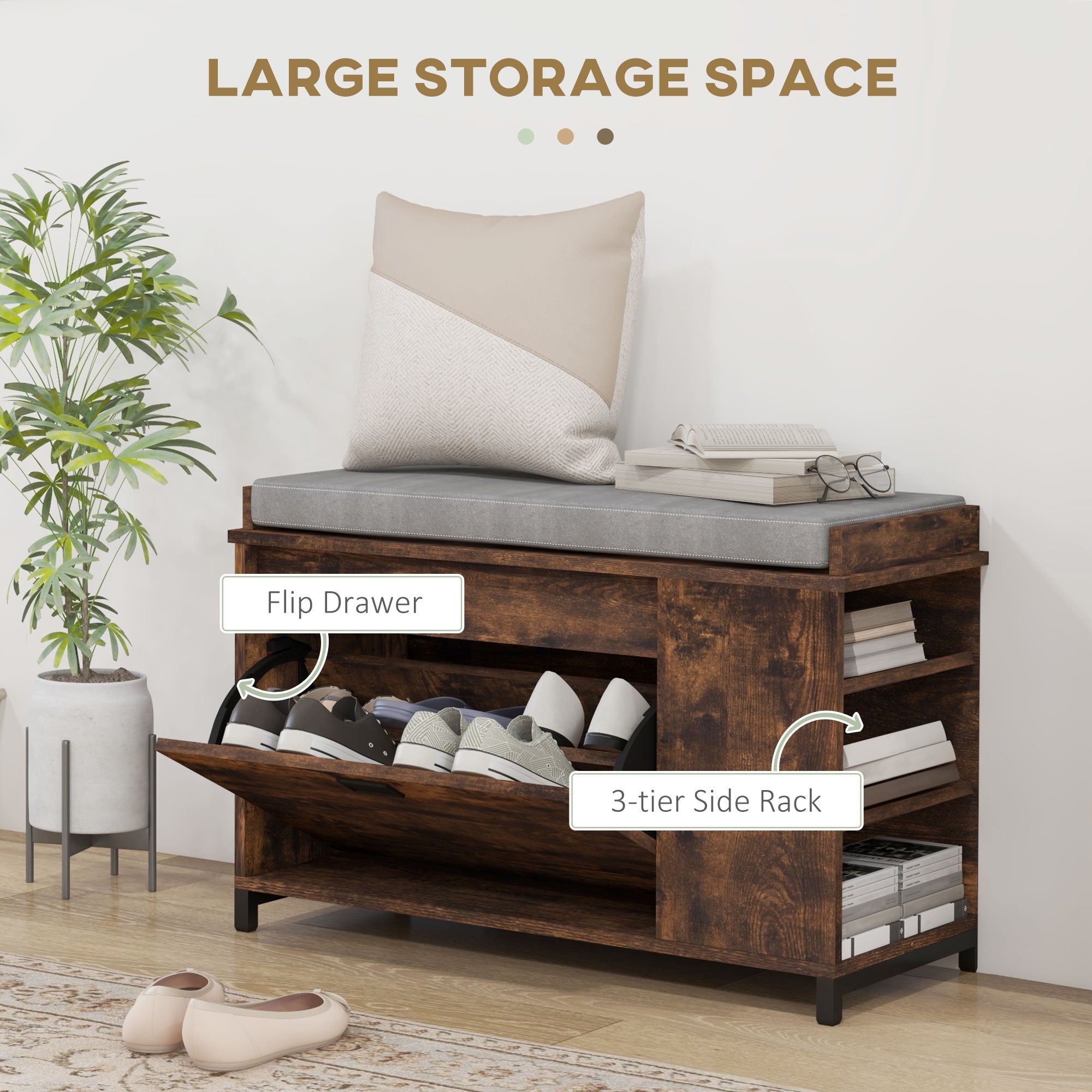 HOMCOM Hallway Bench with Shoe Storage Seat Rustic Brown Upholstered Flip Drawer Side Rack for 6 Pairs