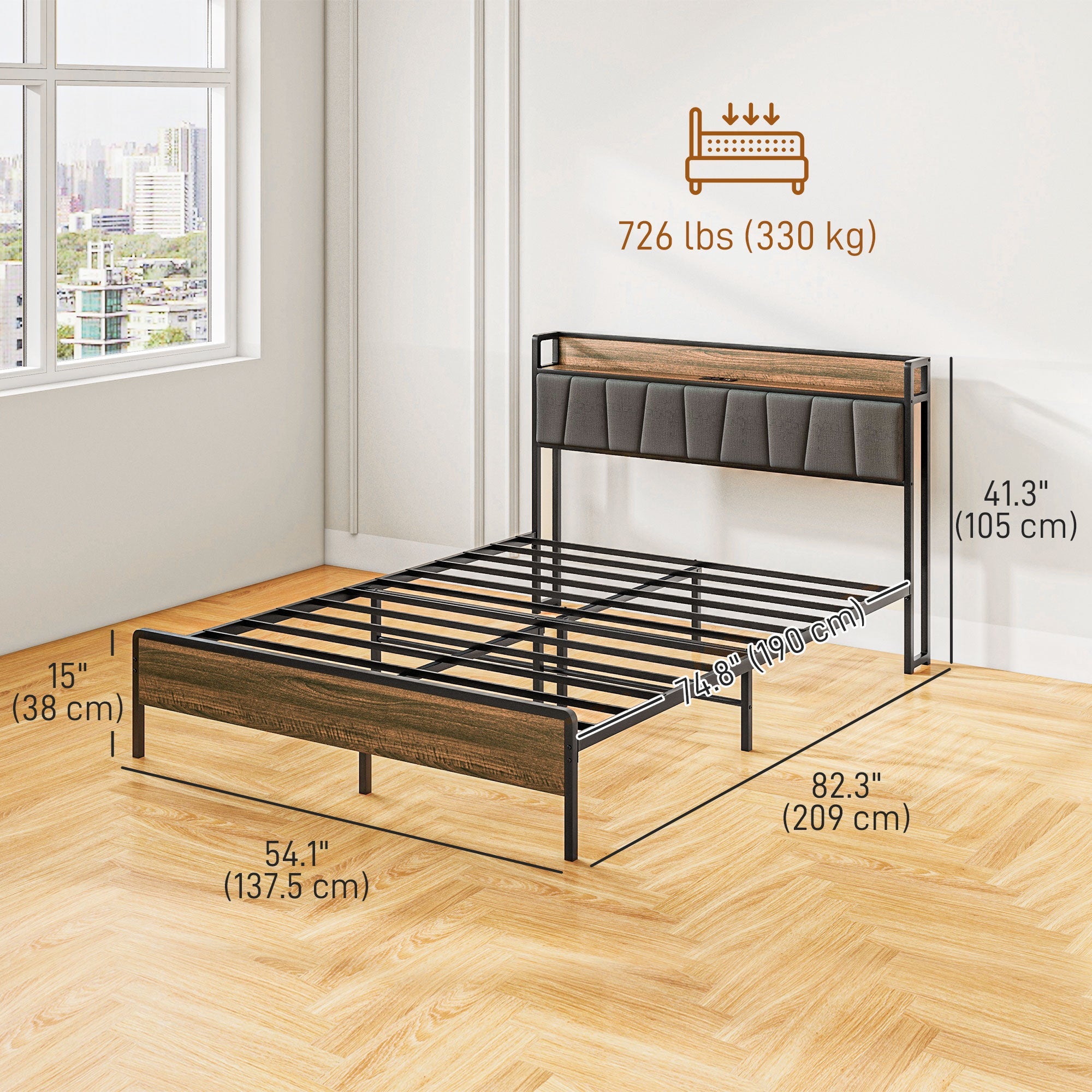 HOMCOM Full Size Bed Frame with Charging Station, Full Bed Frame with Upholstered Headboard and Storage Shelf, Walnut
