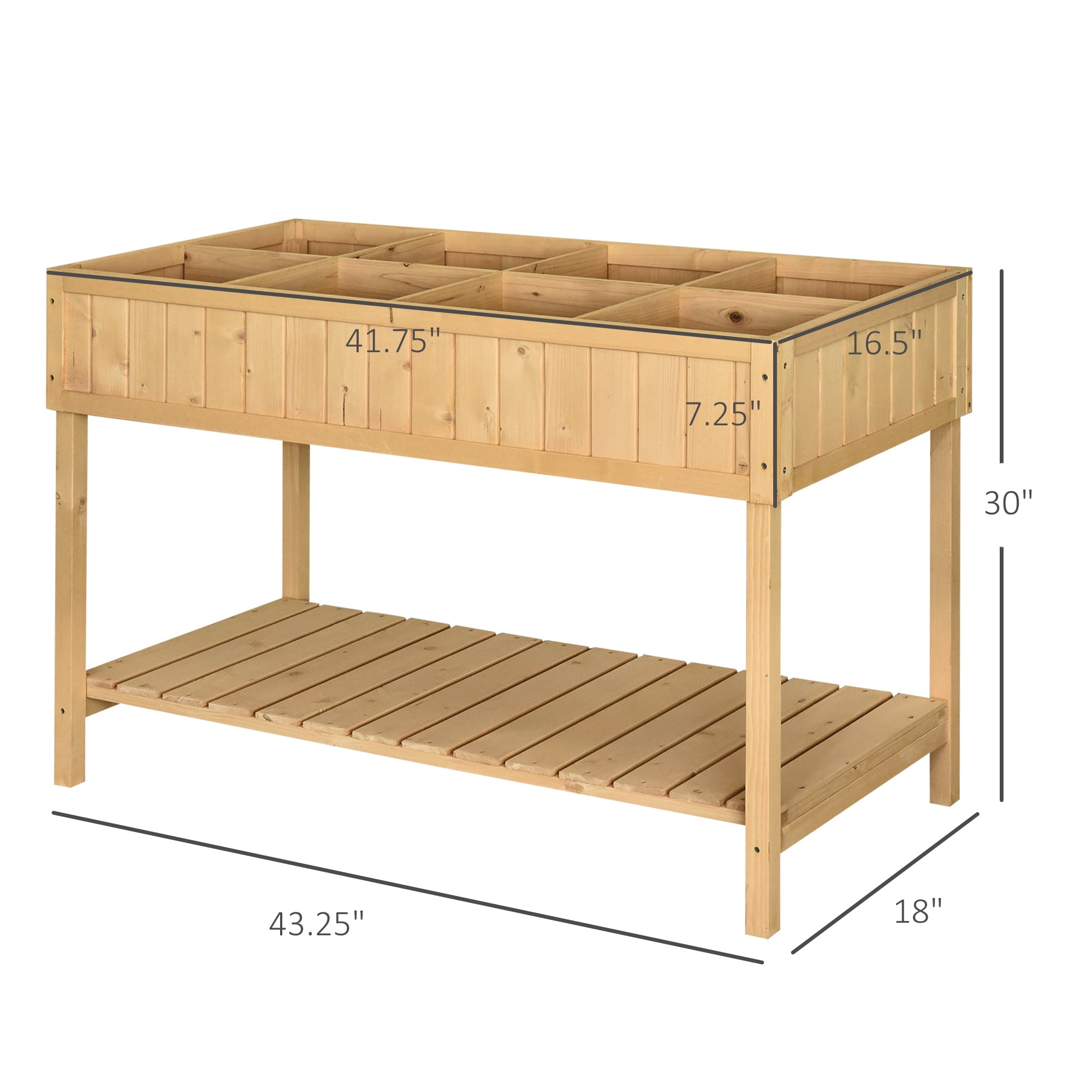 Outsunny Elevated Wooden Garden Plant Stand 43.25"x18"x30" Outdoor Raised Flower Bed 8 Grid Box Natural