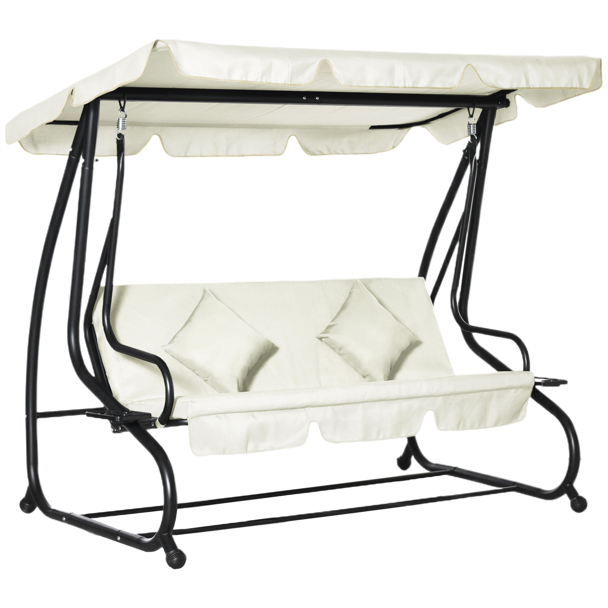 Outsunny 3 Seater Patio Swing Chair Convertible Cushioned Bed Outdoor Porch Backyard with Canopy and Pillow Cream White
