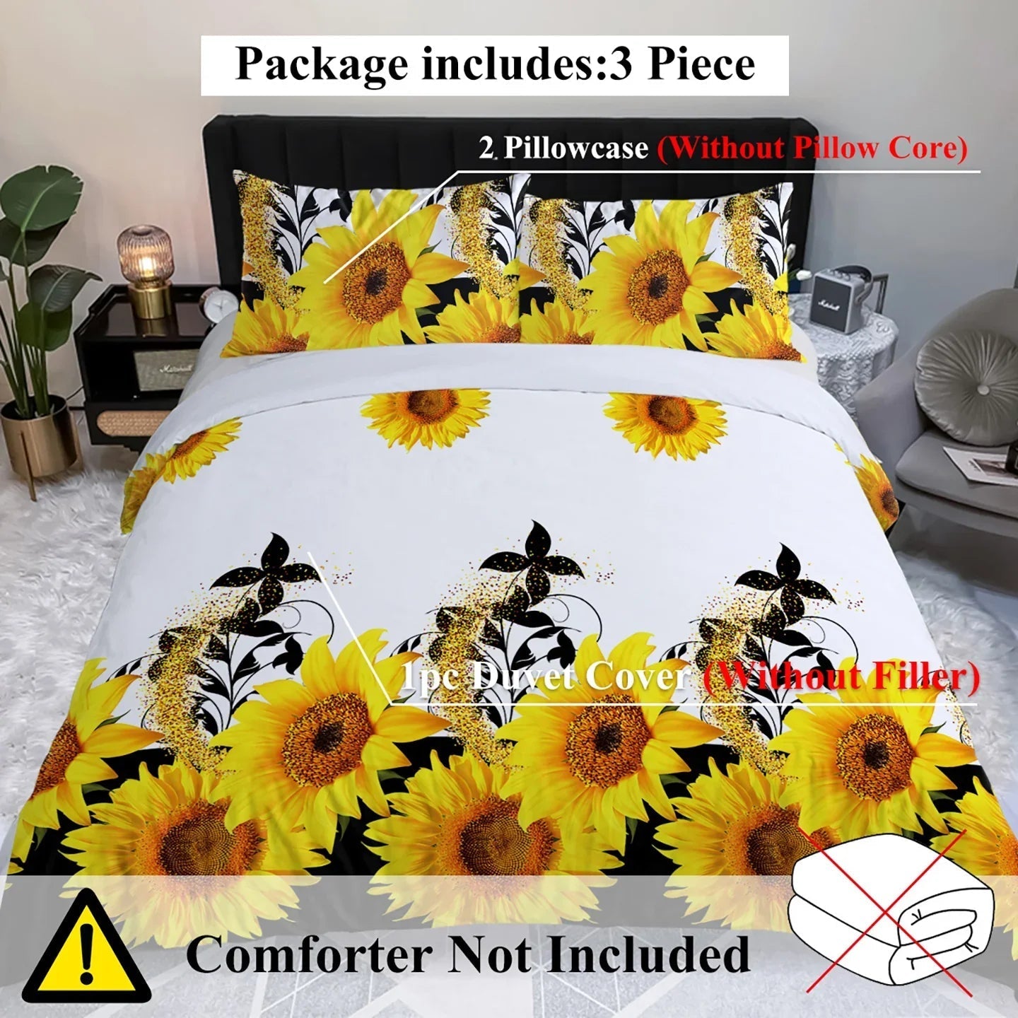 3 Pieces Black And White Background Sunflower Duvet Cover Set Yellow Flower Polyester Bedding Set For Adults Bedroom Decor Twin Full Queen King Size