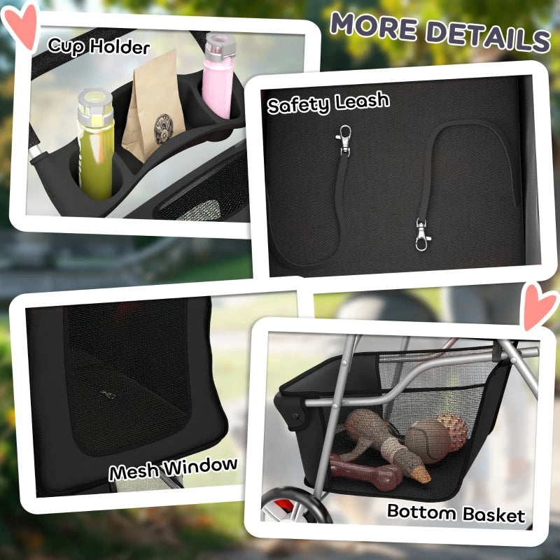 Pet Stroller with Reflective Strips, Foldable Cat Stroller with 360° Swivel Wheels for Small Dogs and Cats, Black