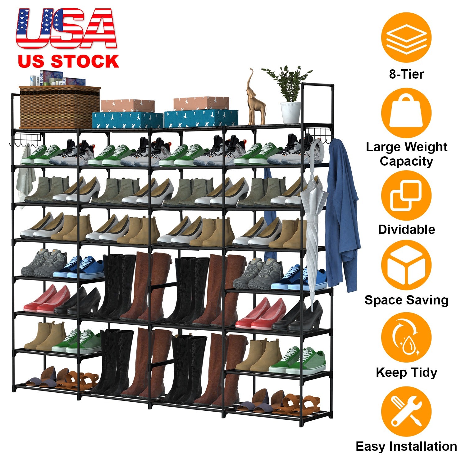 8-Tier 4-Row Shoe Rack Metal Shoe Storage Shelf Free Standing Large Shoe Stand 56 Pairs Shoe Tower Unit Tall Shoe Organizer with 2 Hooks for Entryway