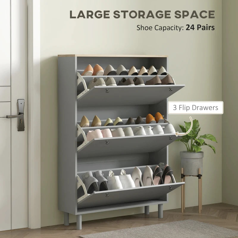Entryway Shoe Storage Small Modern Flip-Flop Shoe Cabinet with 3 Flip Drawers Adjustable Shelves for 24 Pairs of Shoes, Grey
