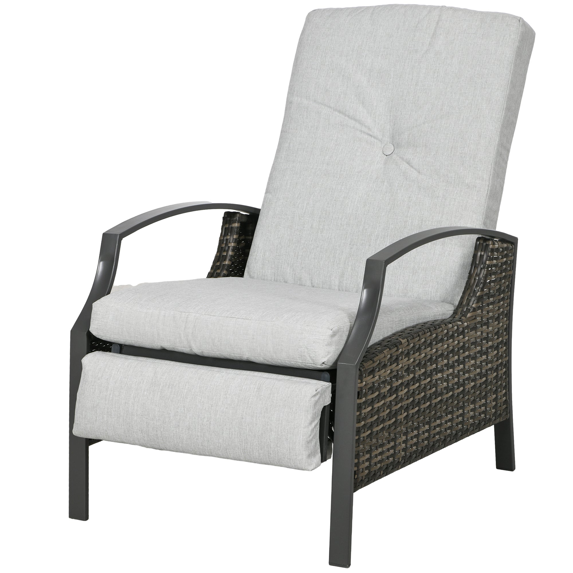 Outsunny Rattan Recliner Chair for Outside Wicker Reclining Chair with Adjustable Back Retractable Footrest Cushion Light Grey