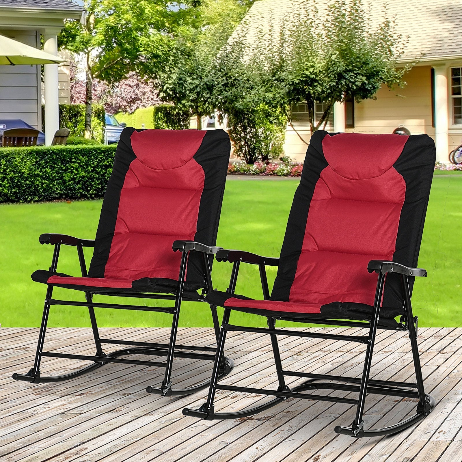 Outsunny Folding Rocking Chair Set 2 Pack Padded with Armrest Red Black for Outdoor Comfort