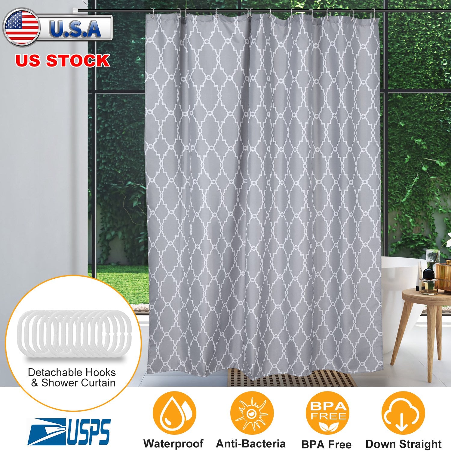 Shower Curtain Waterproof 70x70” Inches Bathroom Shower Drape Liner Print Polyester Fabric Bathroom Curtain w/ 12 Hooks for Bathtub Shower Stall