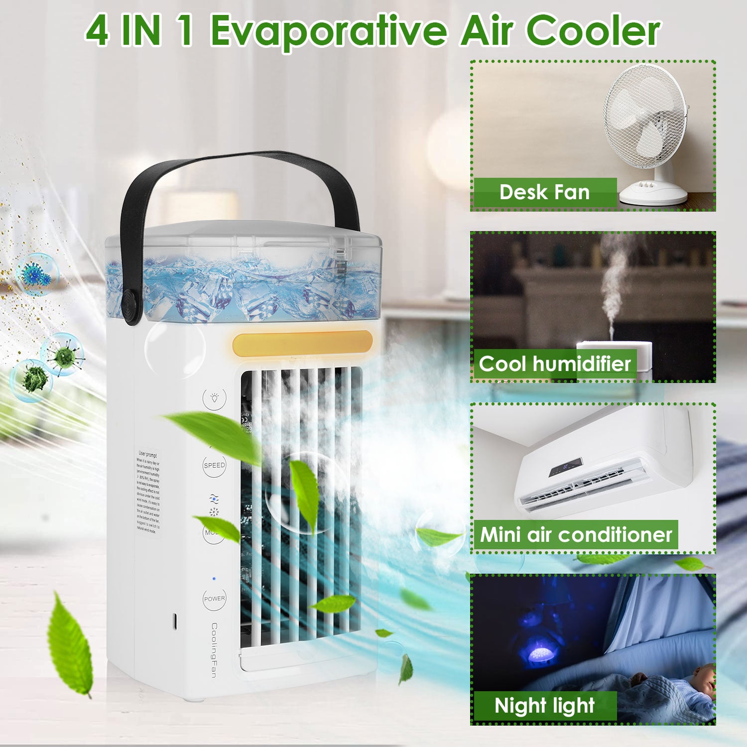 4 In 1 Portable Air Conditioner Fan Evaporative Air Cooler Water Mist Cooling Fan for Desktop 3 Speeds Nightlight