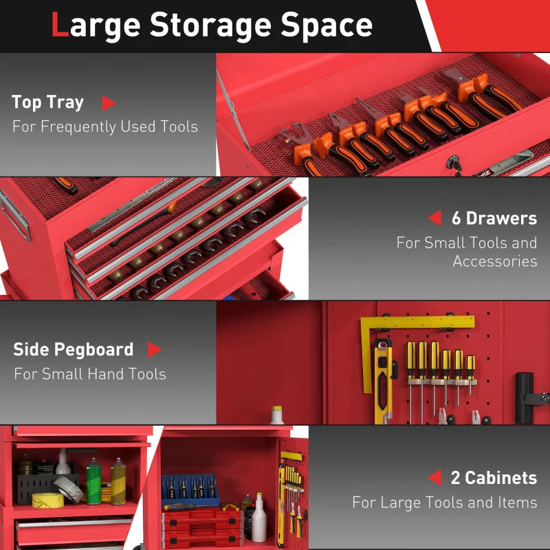 Large Tool Cabinet, 3-in-1 Rolling Tool Chest, Detachable Tool Storage Organizer with 6 Drawers and Pegboard, Red