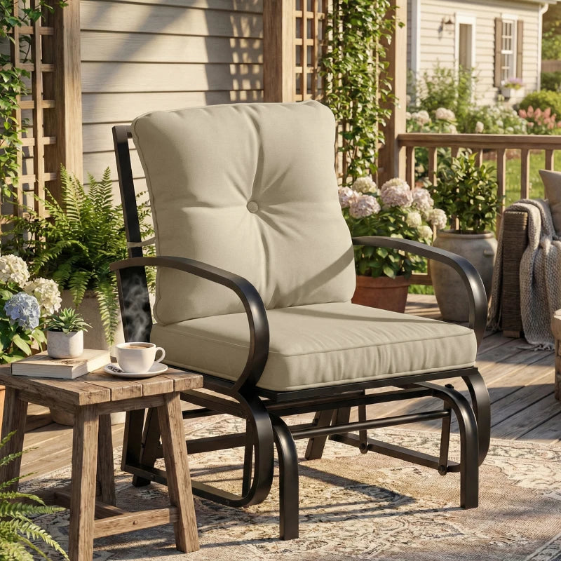 Patio Glider, Outdoor Glider Chair with Cushions, Steel Frame, Curved Armrests, Beige