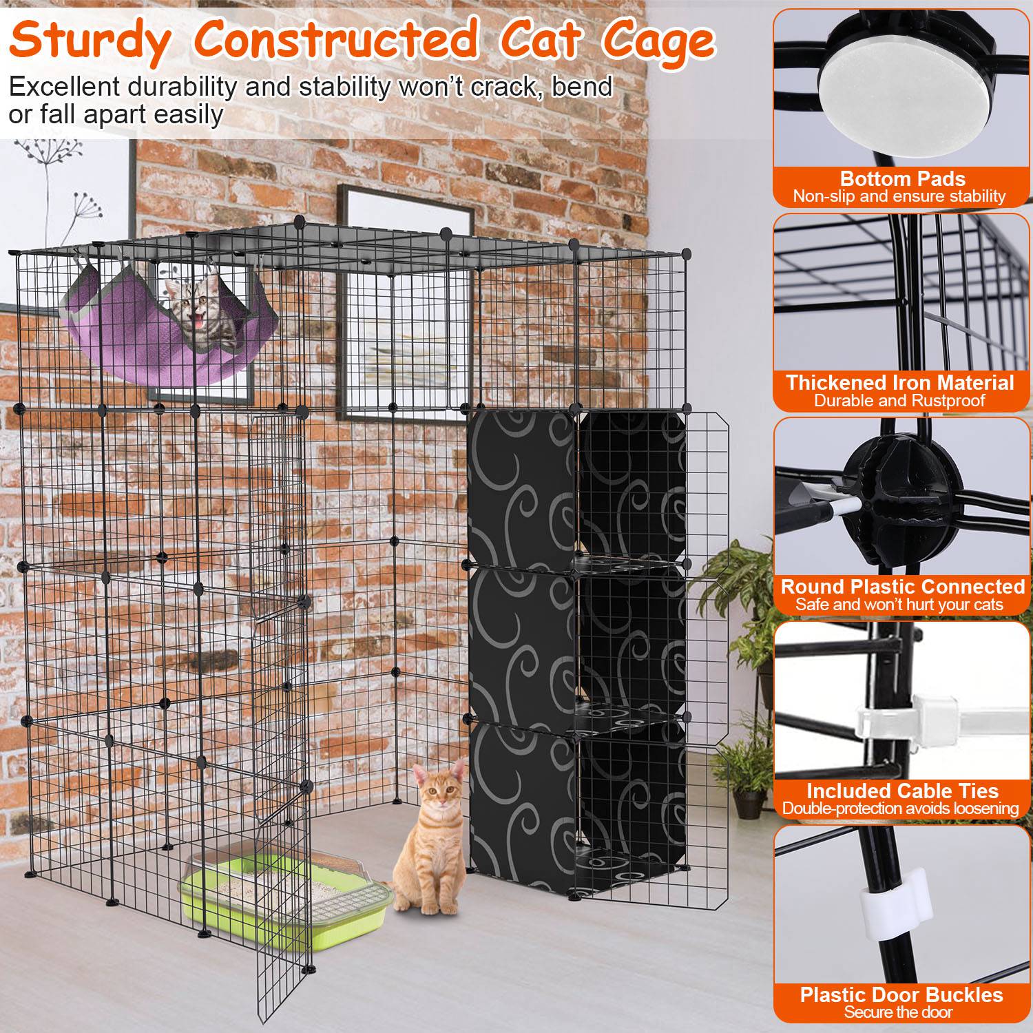 4Tier Cat Playpen Cage Black Iron Indoor Cat House Detachable Kitten House with Storage Shelves Cat Hammock Flexible Installation For 1-4Cats Exercise