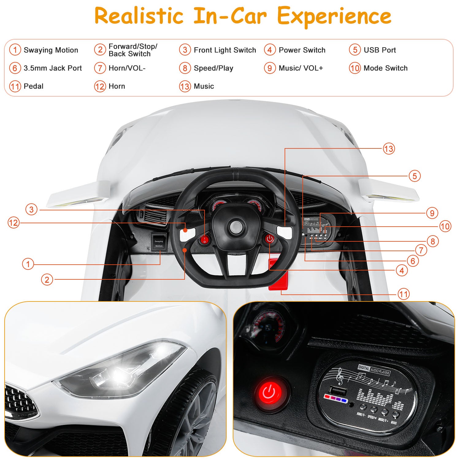 12V Electric Kids Ride-On Car w/ Parental Remote Control Music Horn LED Lights Swaying Function 3 Speeds For Kids Aged 1-6 Years