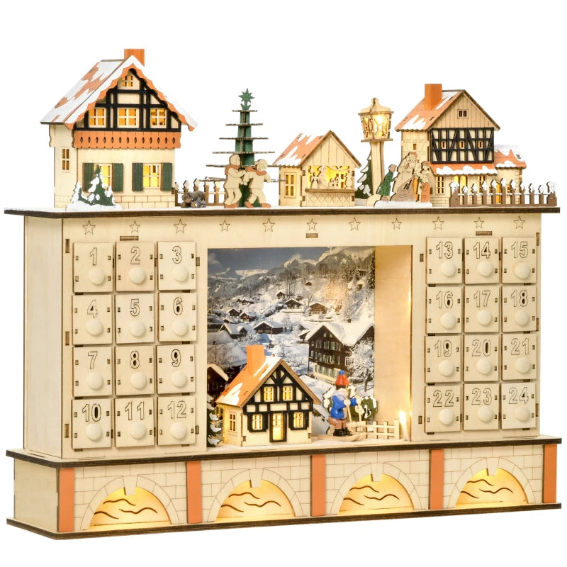 Christmas Advent Calendar, Light Up Table Xmas Wooden Store Holiday Decoration with Countdown Drawer, Village, for Kids and Adults, Natural