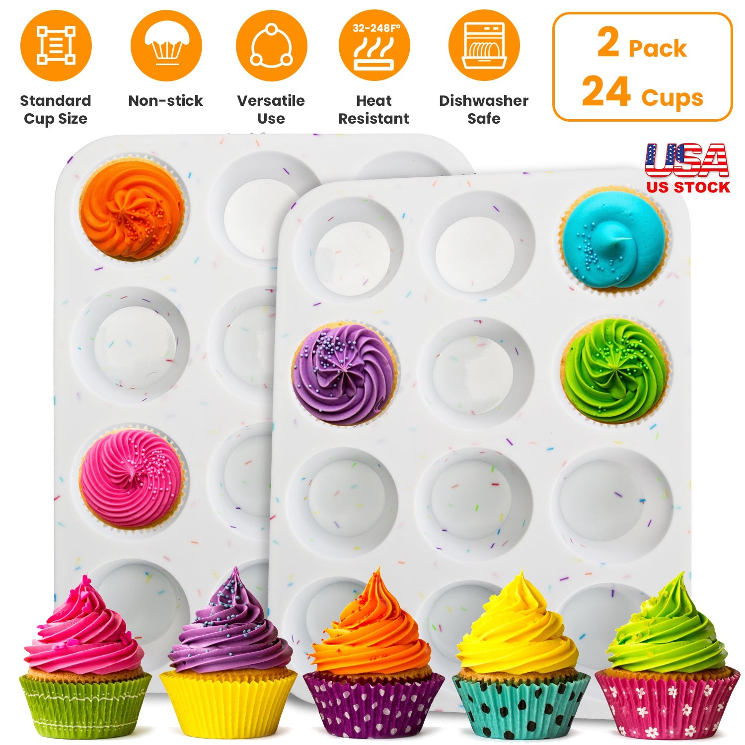 2 Pack 12 Cups Silicone Muffin Pans Nonstick Cupcake Tins Trays Regular Size Cupcake Molds Heat Resistant Oven Microwave Fridge Freezer Dishwasher Saf