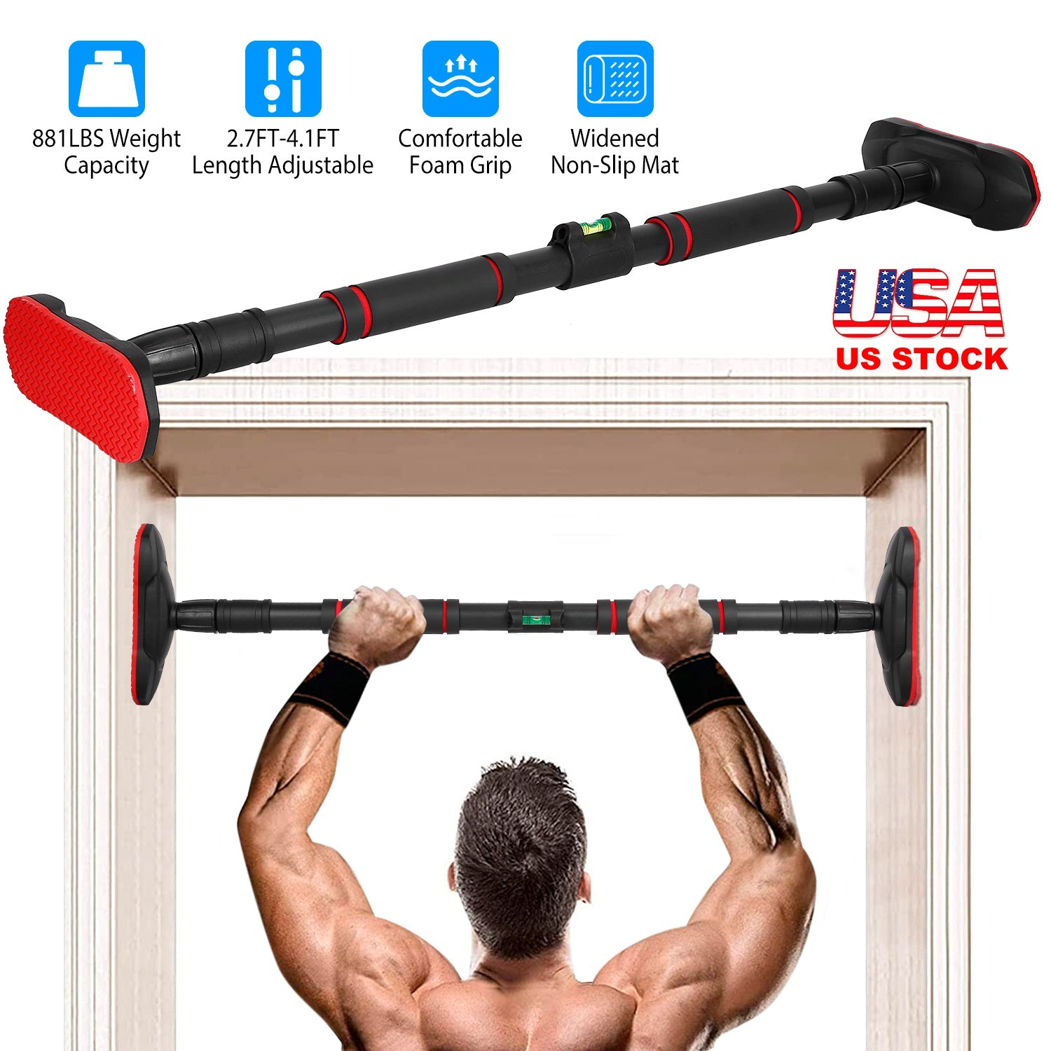 Doorway Pull Up Bar Heavy Duty Body Workout Strength Training Chin Up Bar with Foam Grips Level Meter 881LBS Weight Capacity 2.7FT-4.1FT Adjustable Ho