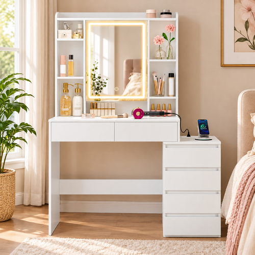 Vanity Desk with LED Mirror, 6 Drawers, Adjustable Shelves & Built-In Charging Ports – White