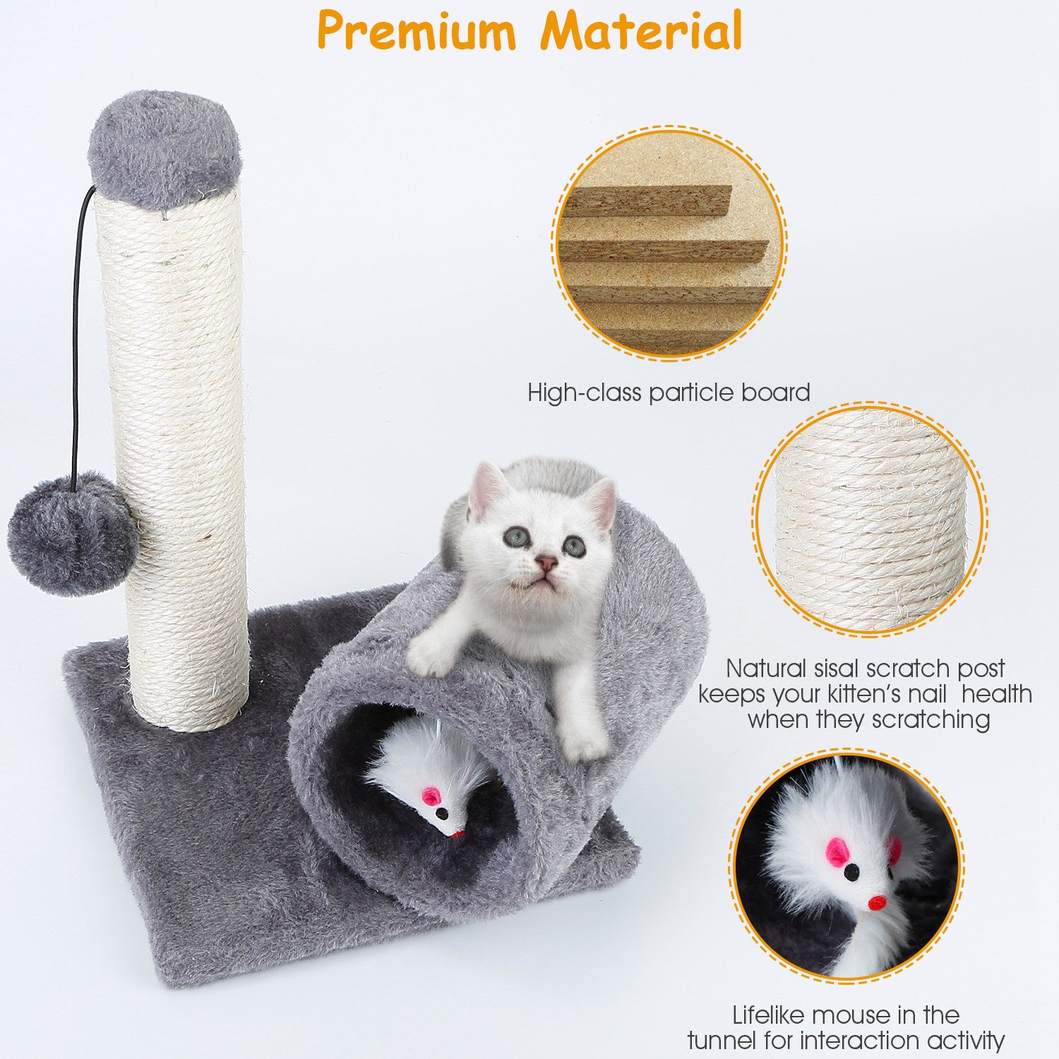 Cat Scratching Post Cat Kitten Sisal Scratch Post Toy w/ Tunnel & Lifelike Mouse Toy Pet Activity Play Fun