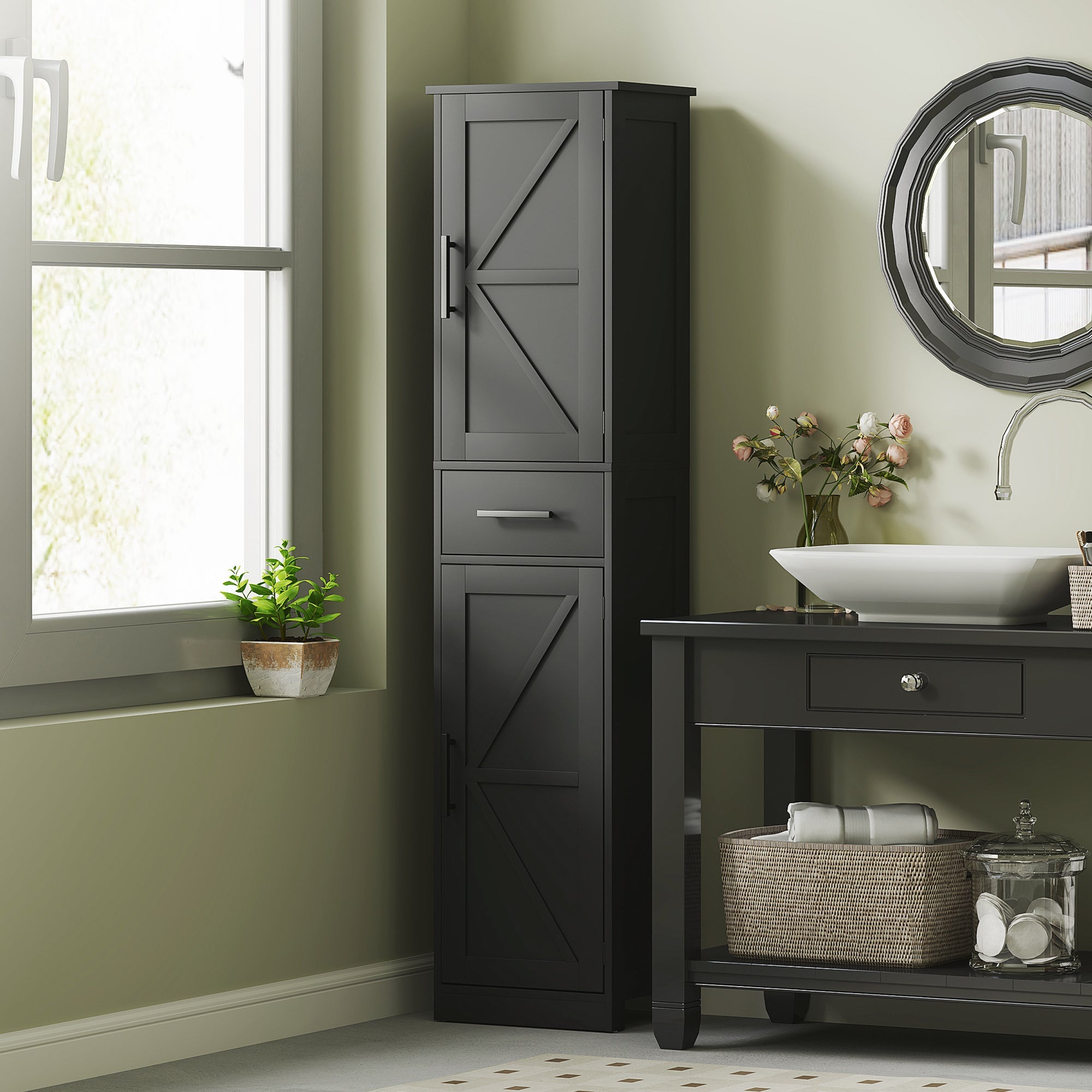 67" Tall Bathroom Storage Cabinet Narrow Bathroom Cabinet Black