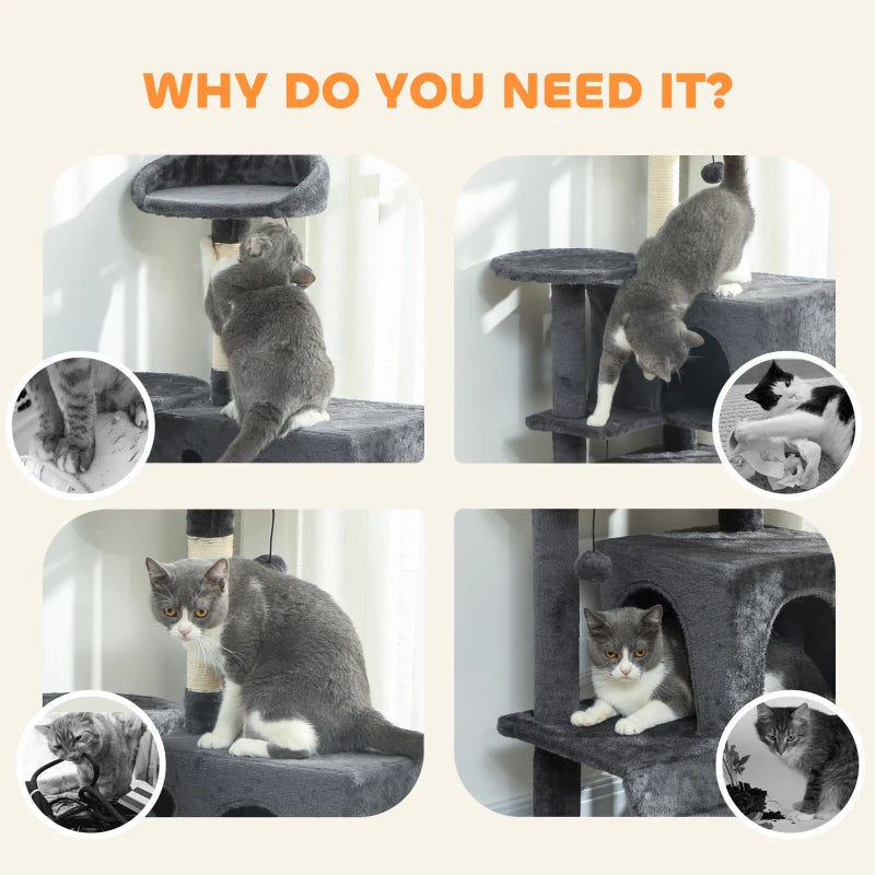 63 Inch Cat Tree with Sisal Scratching Posts, Condos, Plush Perches, Hammock, Ladder, Dangling Balls, Dark Grey
