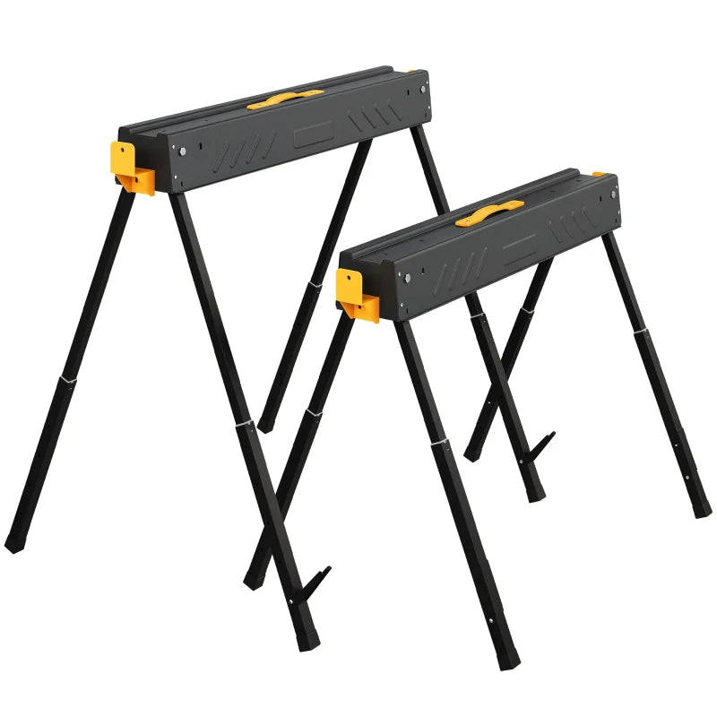HOMCOM Folding Mitre Saw Stands, Adjustable Sawhorses Set of 2, 1100 lb Capacity Work Support with 2x4 Brackets, Carry Handles & Non-Slip Feet, Black