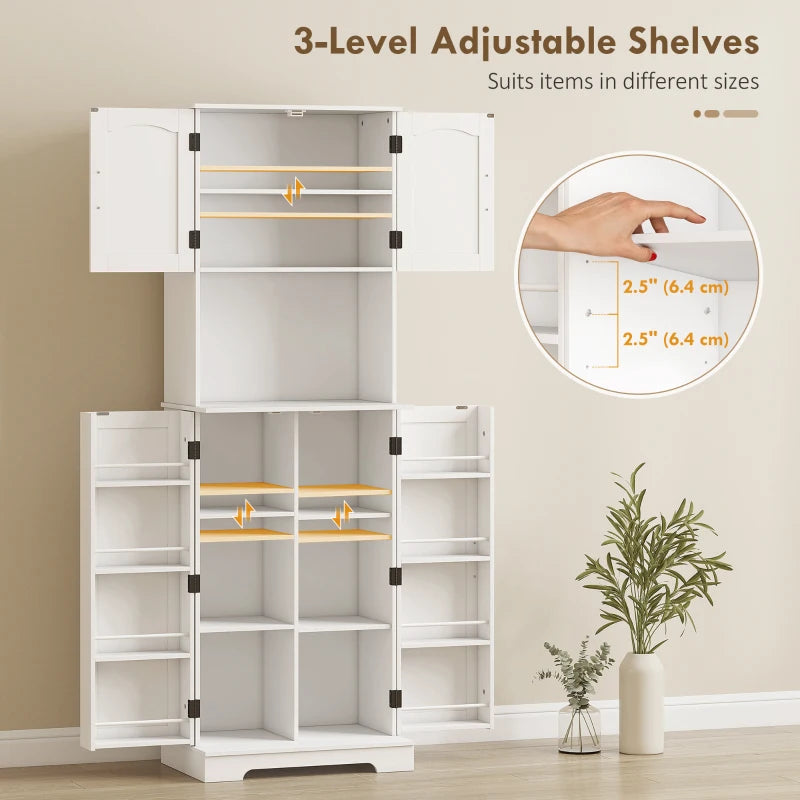 71.5" Tall Pantry Cabinet, Farmhouse Kitchen Storage Cabinet with Adjustable Shelves, 8 Door Spice Racks, White
