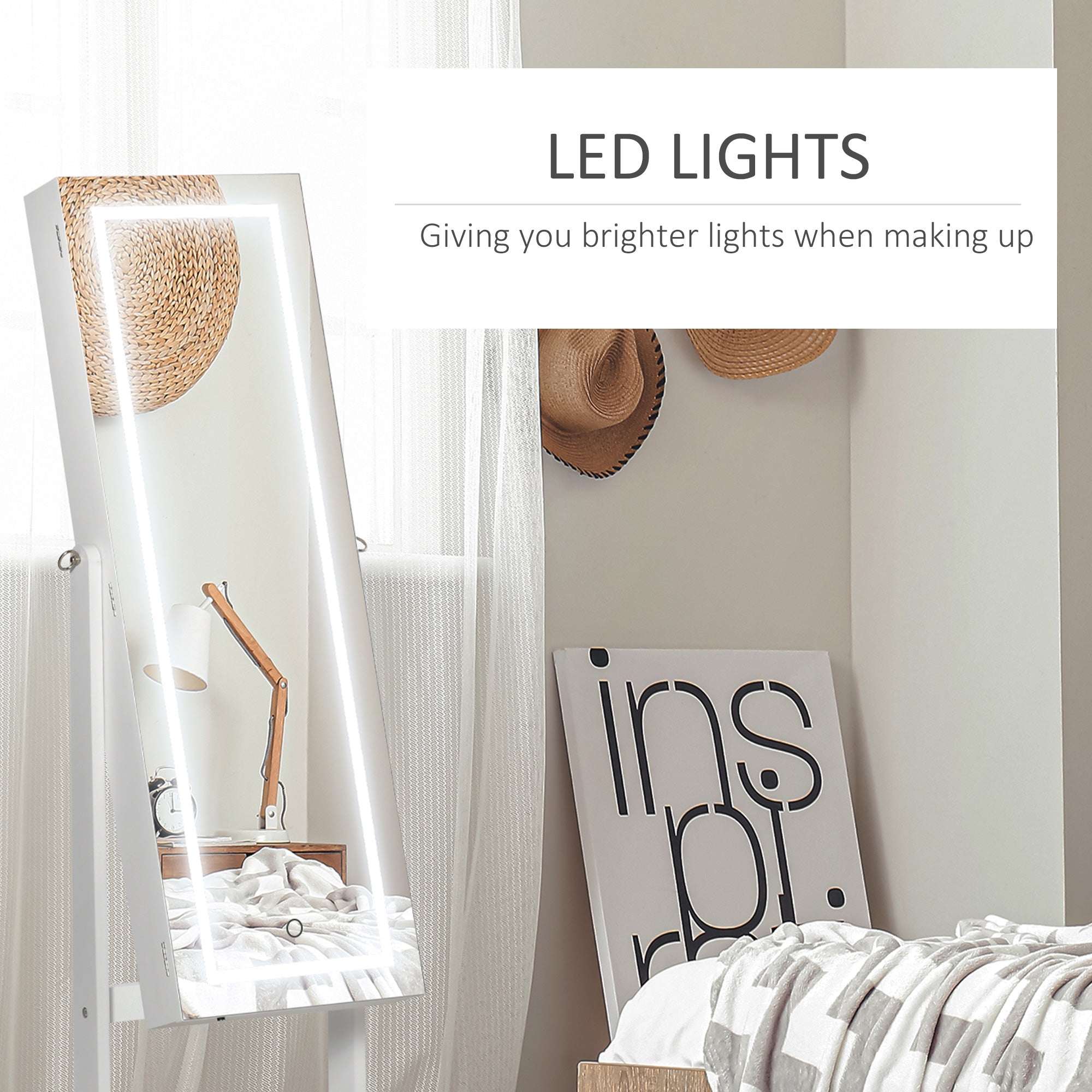 HOMCOM Lockable Jewelry Cabinet: With LED Light, Full-Length Mirror for Bedroom, Dressing Room, White