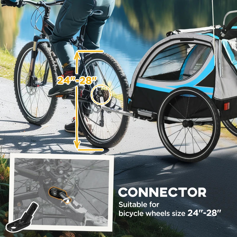 Aosom 3-in-1 Bike Trailer for Kids, Running Stroller with 2 Seats, Jogging Cart with 5-Point Harness, Storage Units, Blue