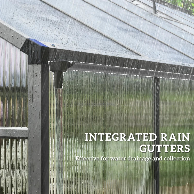 Polycarbonate Greenhouse, Walk-in Green House with Two Top Windows, Rain Gutter and Swing Door, 8' x 16' x 7', Dark Grey
