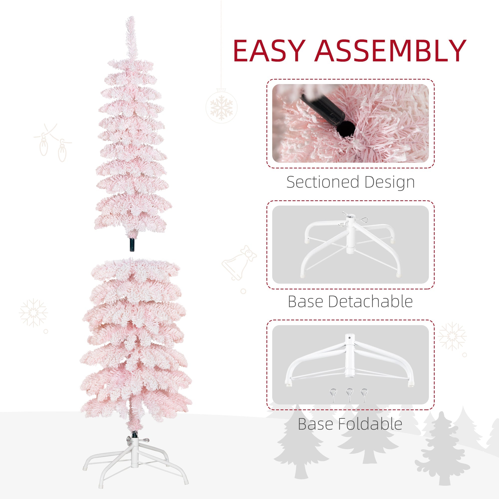 HOMCOM 5ft Snow-Flocked Artificial Christmas Tree, Slim Pencil Xmas Tree with 301 Realistic Branches, Metal Base, Pink