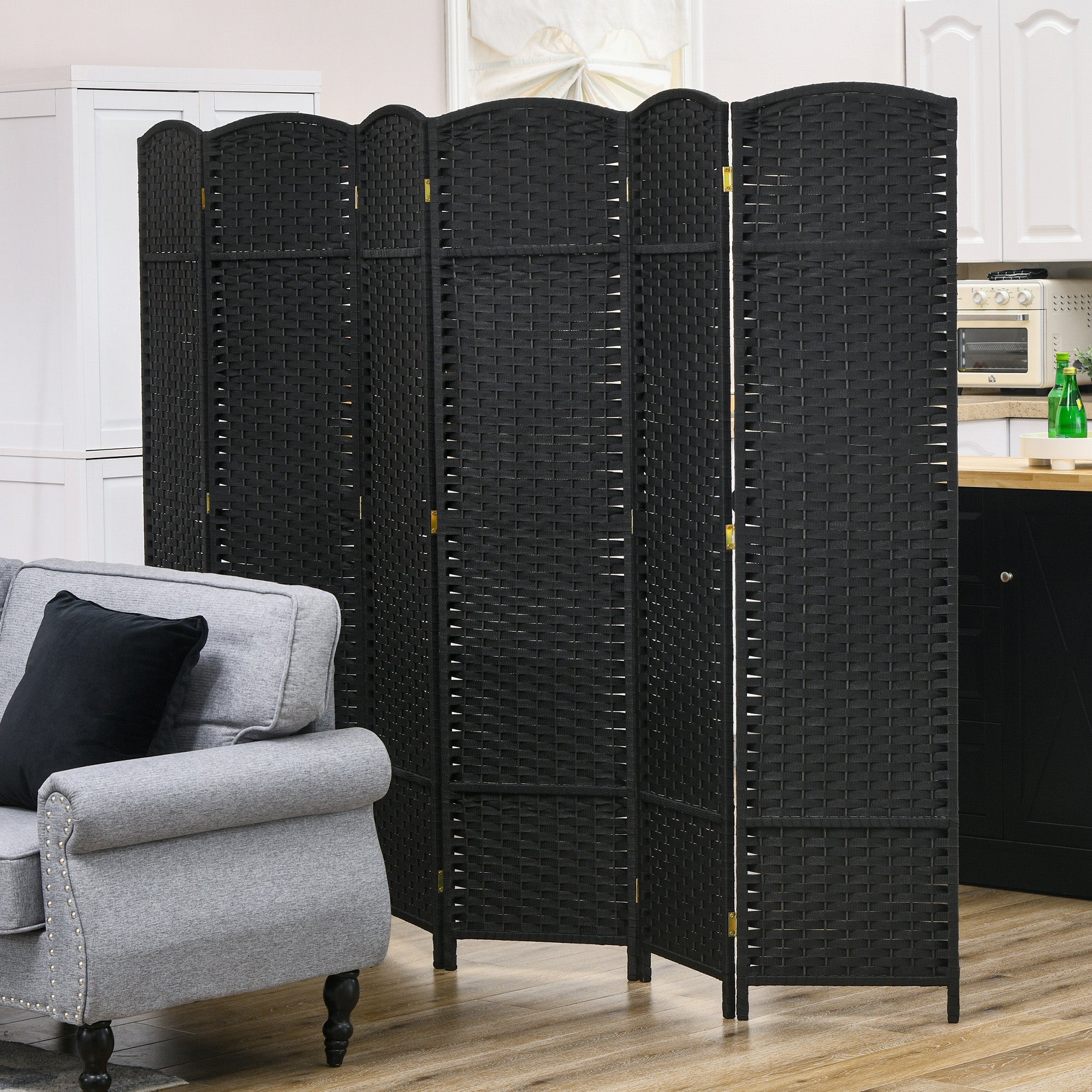 HOMCOM 5.6 Ft Tall Folding Room Divider: 6-Panel Portable Privacy Screen, Hand-Woven Partition Wall Divider, Black